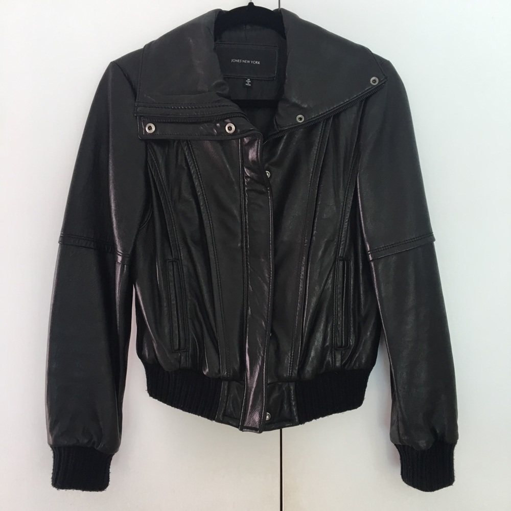 Jones New York Black Leather Bomber Jacket, Size M
